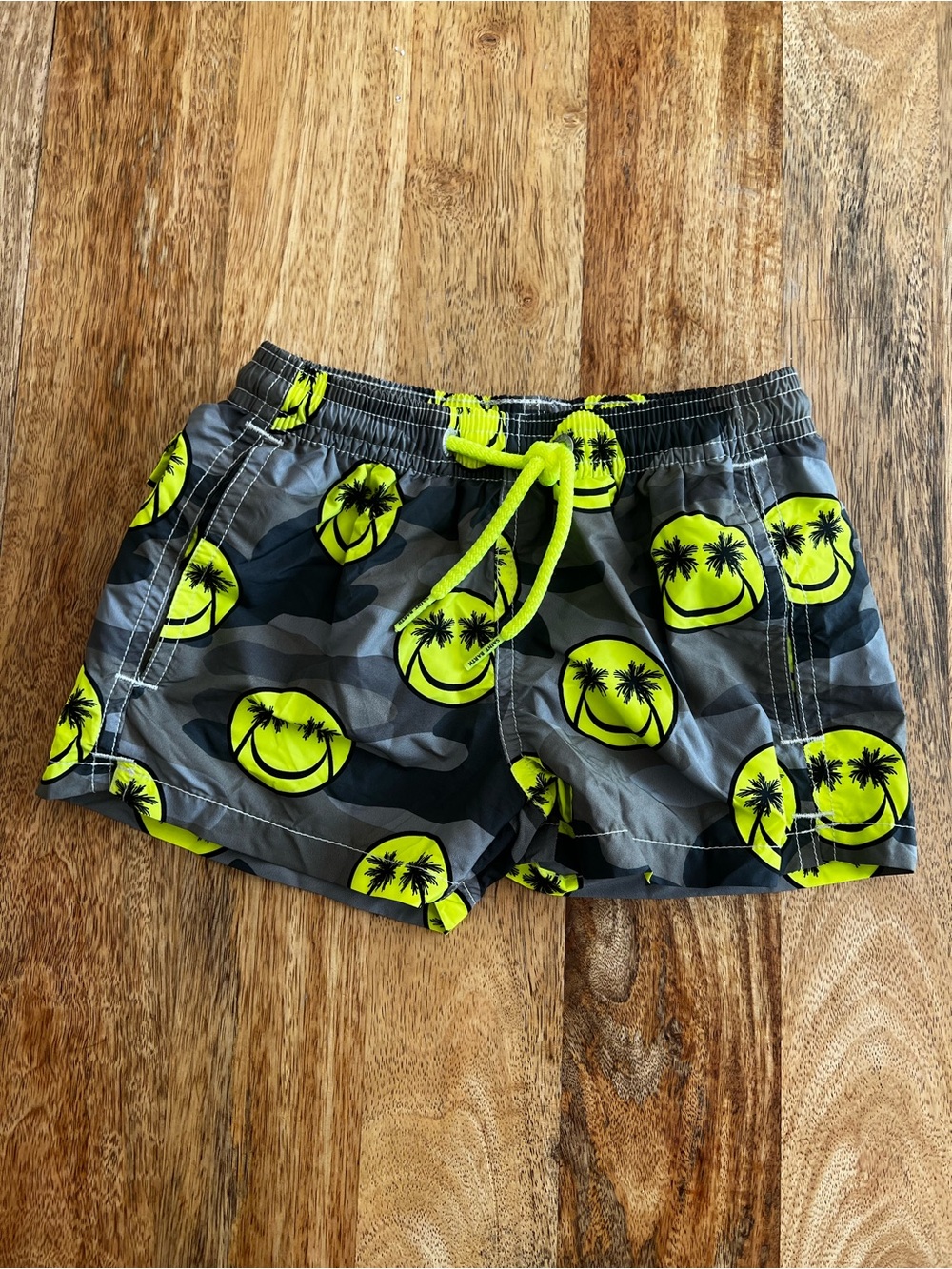 MC2 Saint Barth Neon Yellow & Gray Camouflage Smiley Palm Swim Trunks - size: 4Y